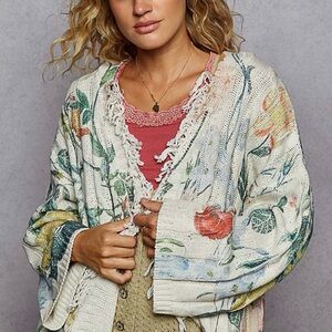 POL Floral Ivory Open-Knit Button Cardigan with Multicolor Print